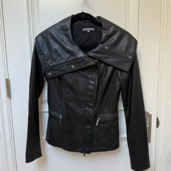 Vince Women’s Black Leather Moto Biker Jacket XS Full Zip Authentic - Picture 6 of 8